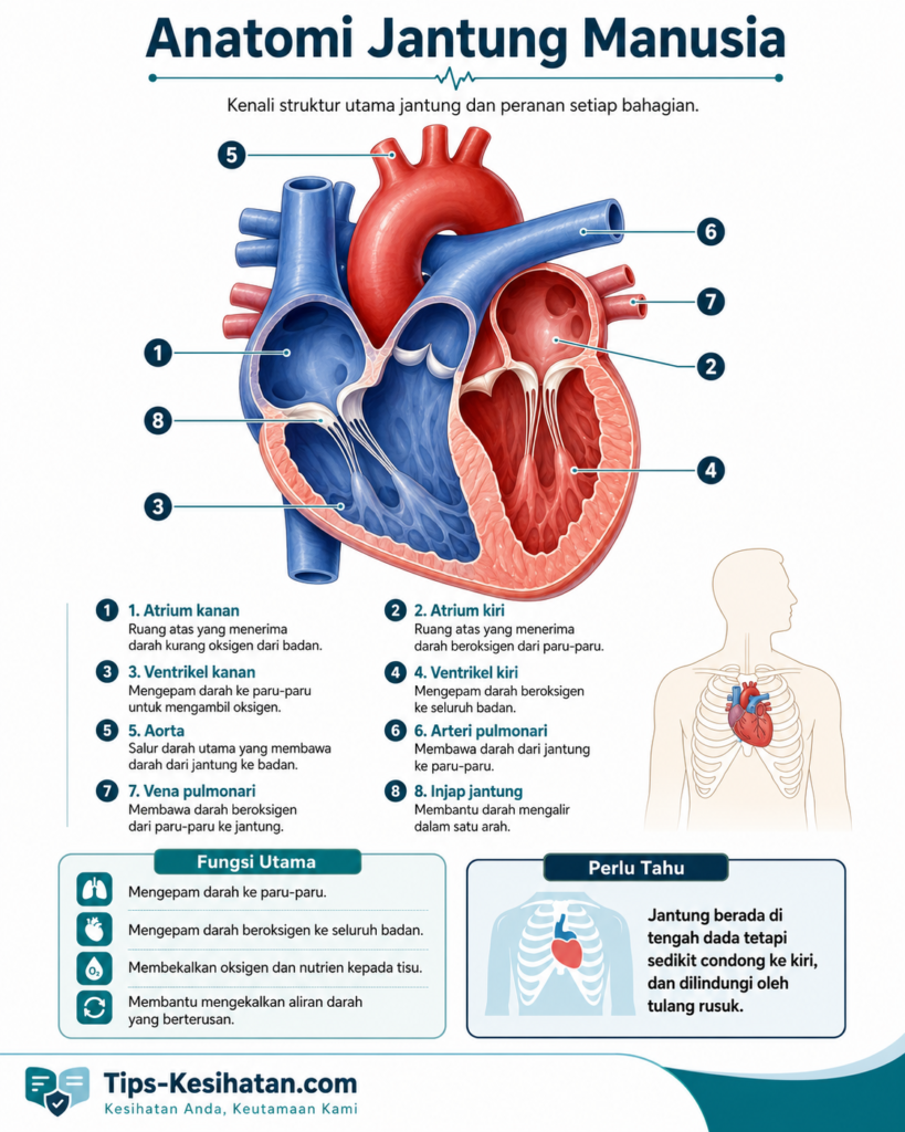 Infografik anatomi jantung manusia yang menunjukkan atrium kanan, atrium kiri, ventrikel kanan, ventrikel kiri, aorta, arteri pulmonari, vena pulmonari dan injap jantung.