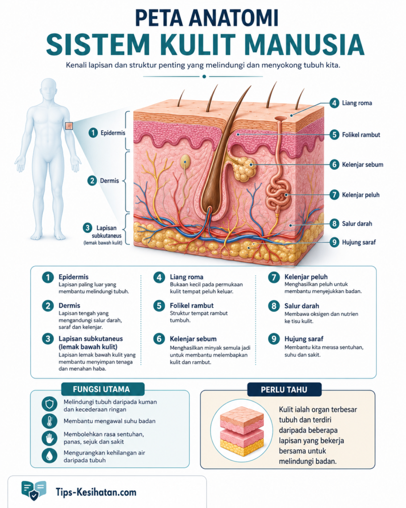 Infografik peta anatomi sistem kulit manusia yang menunjukkan epidermis, dermis, lapisan subkutaneus, folikel rambut, kelenjar sebum, kelenjar peluh, salur darah dan hujung saraf.