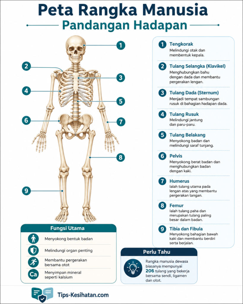 Infografik peta rangka manusia pandangan hadapan yang menunjukkan tengkorak, tulang selangka, sternum, rusuk, tulang belakang, pelvis, humerus, femur, tibia dan fibula.