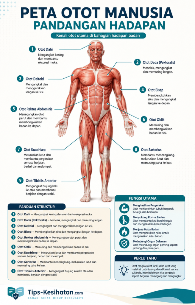 Infografik peta otot manusia pandangan hadapan yang menunjukkan otot utama seperti deltoid, pektoralis, bisep, rektus abdominis, kuadrisep dan tibialis anterior.