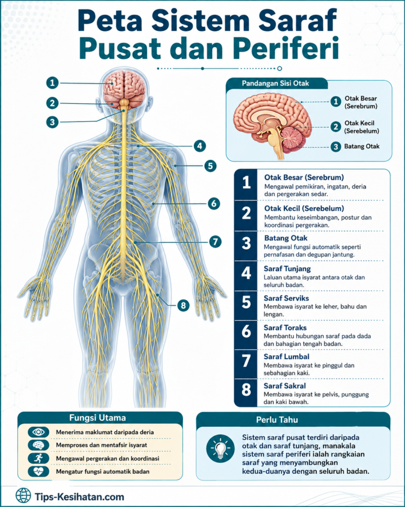 Infografik peta sistem saraf pusat dan periferi yang menunjukkan otak, saraf tunjang serta rangkaian saraf pada seluruh badan manusia.